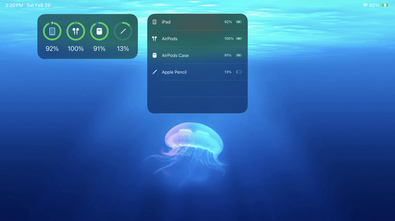 iPad showing system Batteries widgets with levels for the iPad, Apple Pencil, and Magic Keyboard.