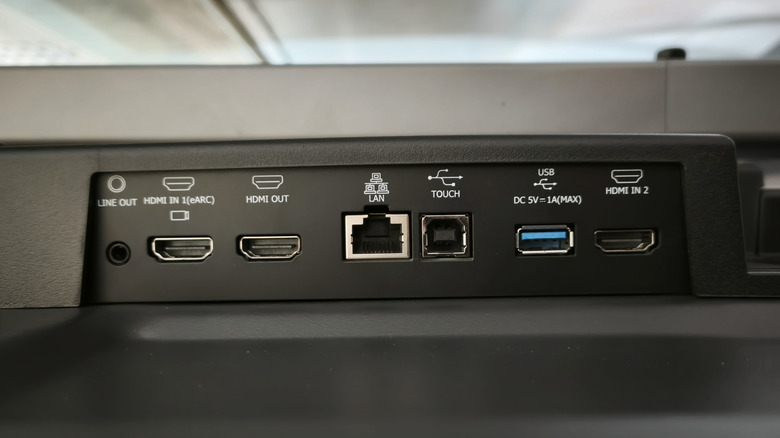 An AV input-output interface with three standard HDMI ports, LAN, and USB connections.