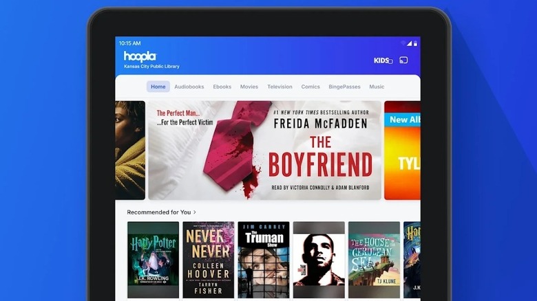 The Hoopla digital library app displayed on an Android tablet screen.