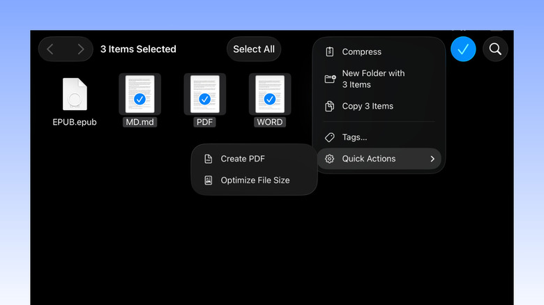 The iPad Files app showing the contextual menu with the 'Create PDF' option highlighted.
