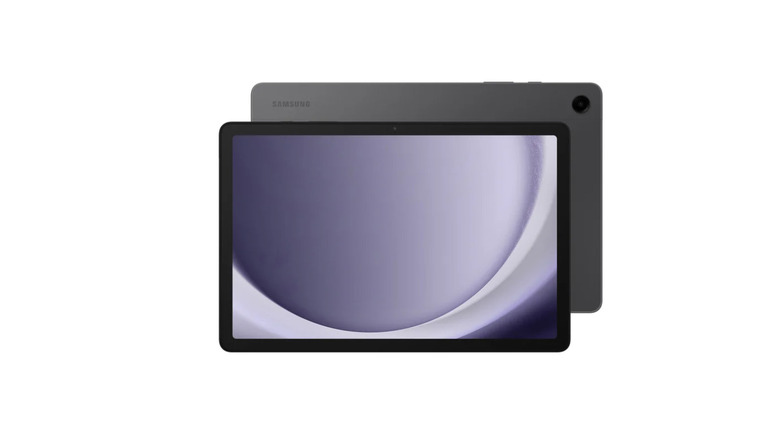 Front and back view of a Samsung Galaxy Tab A9+ tablet with a vibrant screen display.