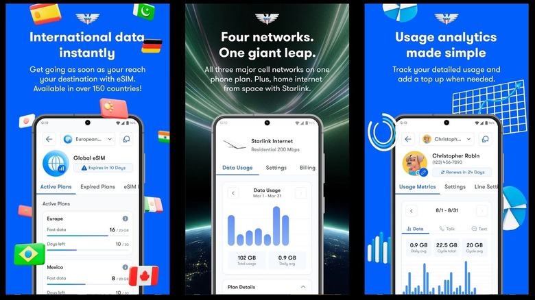 US Mobile app screens showing international eSIM data and usage analytics.
