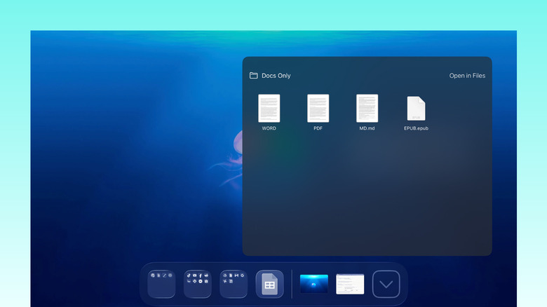 The iPad bottom Dock containing both application icons and specific file folders.