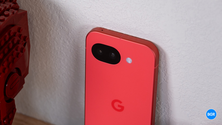 Close-up macro shot of the new flush-mounted camera sensors on the back of the Pixel 10a.