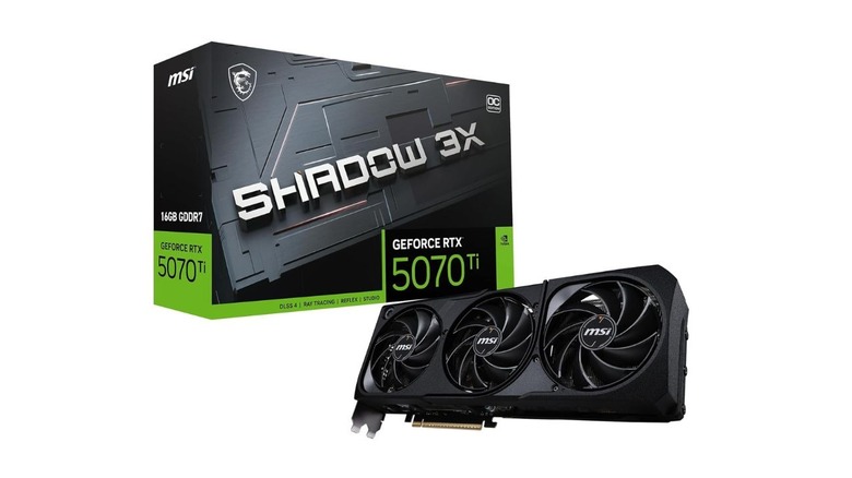 An MSI Shadow 3X version of the NVIDIA RTX 5070 Ti graphics card resting next to its MSI-branded box.