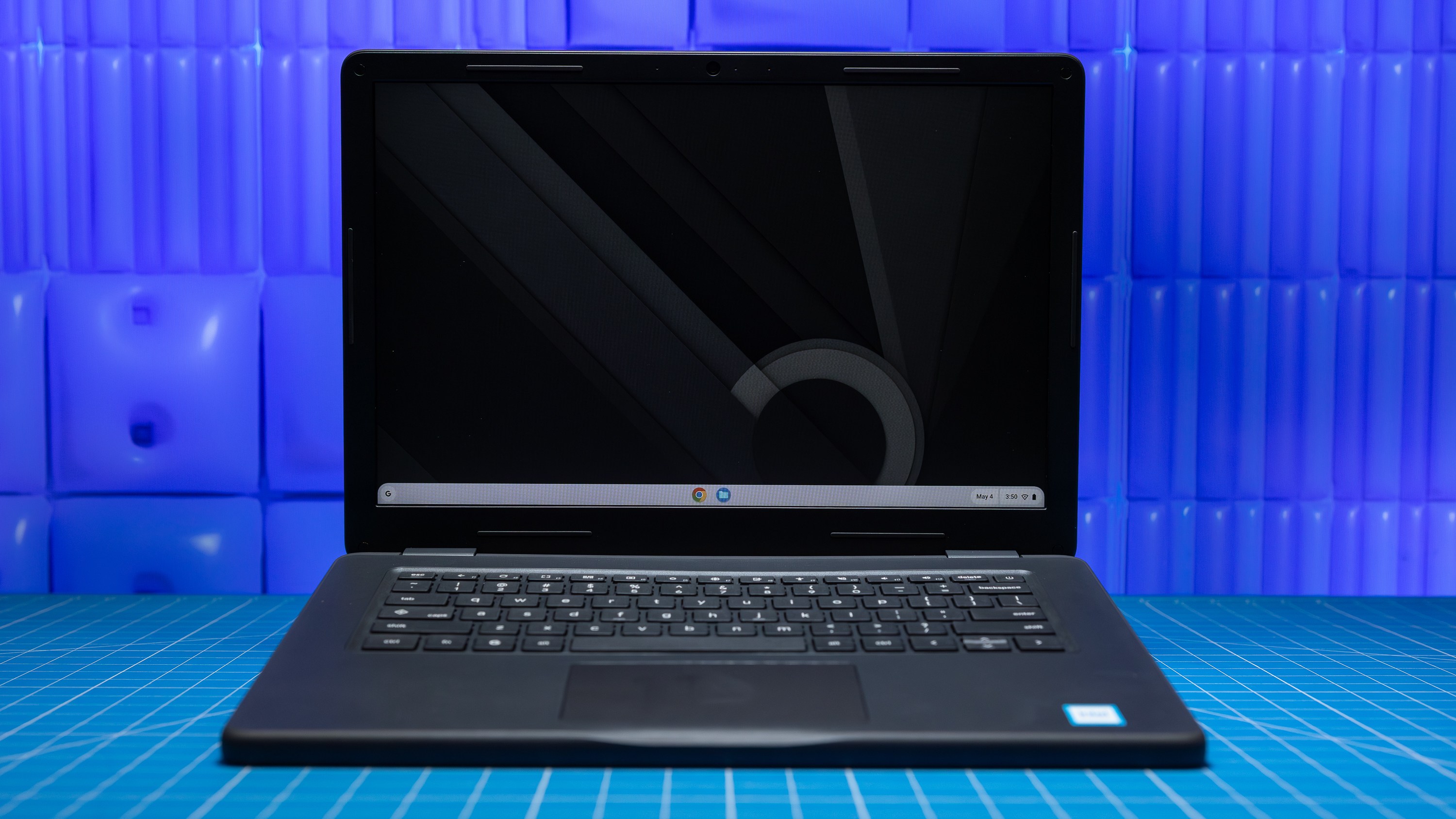 Angle view of the Dell Chromebook 14 open, showing the 16:10 display and base.
