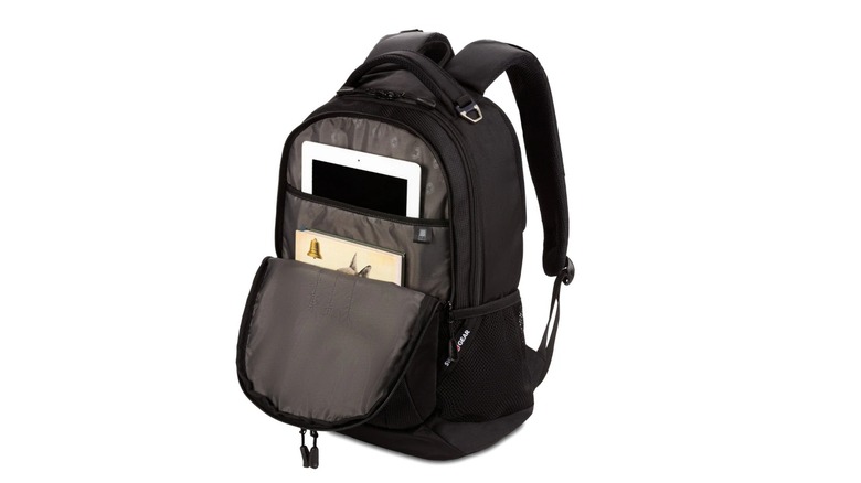 Internal view of a tech backpack with separate padded compartments for a tablet and a book.