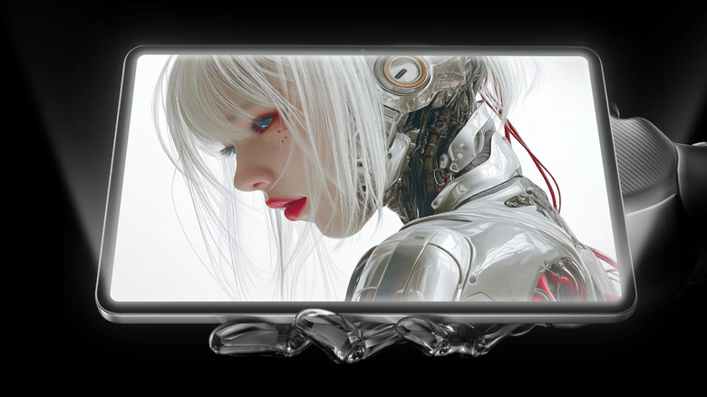 A futuristic render of the Redmagic Astra tablet being held by a robotic hand.