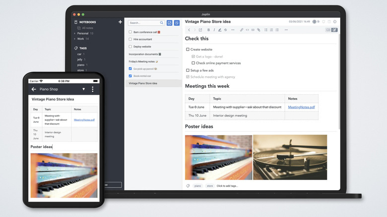 The Joplin note-taking application interface shown on both a desktop computer and a mobile phone side-by-side.