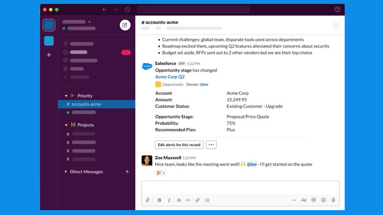 The Slack messaging interface showing a team channel with conversation and a connected app integration.