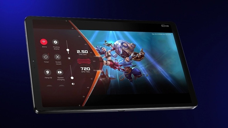 A Legion tablet displaying a gaming dashboard with performance metrics.