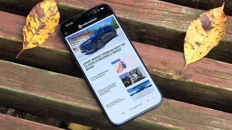 iPhone 17 Pro laying on a wooden bench displaying a website on its screen.