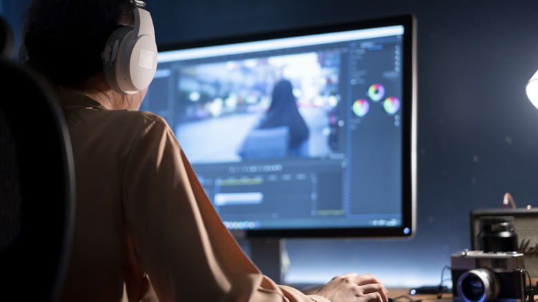 A person editing professional photographs on a large computer monitor.